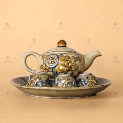 B? ?m 3 Chén Th? Men Hoàng Th? V? Vàng H?a Ti?t Cu?n Thu